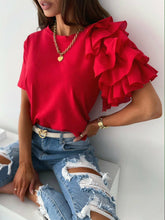 Load image into Gallery viewer, O Neck Solid Blouse Shirt Layered Ruffle Tops Blusa