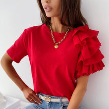 Load image into Gallery viewer, O Neck Solid Blouse Shirt Layered Ruffle Tops Blusa