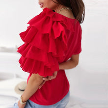 Load image into Gallery viewer, O Neck Solid Blouse Shirt Layered Ruffle Tops Blusa