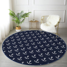 Load image into Gallery viewer, White Anchors Printed Blue Decorative Marine Washable Round Rug |