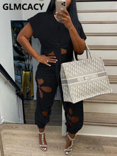 Load image into Gallery viewer, Short Sleeve Tie Front Crop Top T Shirt & Hollow Out Pants Set