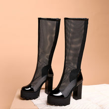 Load image into Gallery viewer, Knee High Boots Mesh Square High Heels Platform Zipper Plus Size