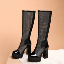 Load image into Gallery viewer, Knee High Boots Mesh Square High Heels Platform Zipper Plus Size