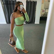 Load image into Gallery viewer, ANJAMANOR 2 Piece Set Skirt and One Shoulder Long Sleeve Crop Top Fall