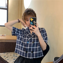 Load image into Gallery viewer, Blouses Shirts Women Plaid Crop Top Vintage Korean Style Sweet Notched