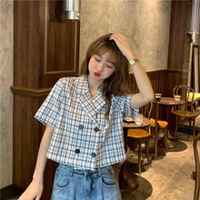 Load image into Gallery viewer, Blouses Shirts Women Plaid Crop Top Vintage Korean Style Sweet Notched