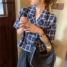 Load image into Gallery viewer, Blouses Shirts Women Plaid Crop Top Vintage Korean Style Sweet Notched