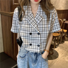 Load image into Gallery viewer, Blouses Shirts Women Plaid Crop Top Vintage Korean Style Sweet Notched