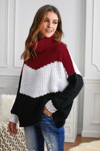 Load image into Gallery viewer, Cowl Neck Black Red Colorblock Cable Knit Sweater