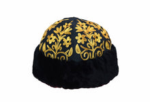 Load image into Gallery viewer, Handmade Black and Mustard Suede Embroidered Hat