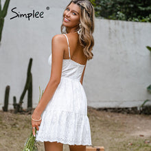Load image into Gallery viewer, Simplee V neck suspender white dress for women casual Solid high waist