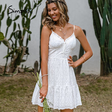 Load image into Gallery viewer, Simplee V neck suspender white dress for women casual Solid high waist
