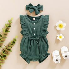 Load image into Gallery viewer, Summer Baby Girls Romper + Headband Cotton Linen Ruffles Sleeveless