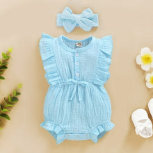 Load image into Gallery viewer, Summer Baby Girls Romper + Headband Cotton Linen Ruffles Sleeveless