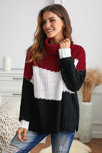 Load image into Gallery viewer, Cowl Neck Black Red Colorblock Cable Knit Sweater