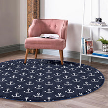 Load image into Gallery viewer, White Anchors Printed Blue Decorative Marine Washable Round Rug |
