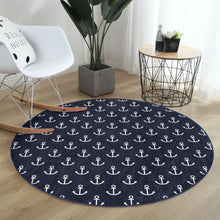 Load image into Gallery viewer, White Anchors Printed Blue Decorative Marine Washable Round Rug |
