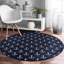 Load image into Gallery viewer, White Anchors Printed Blue Decorative Marine Washable Round Rug |
