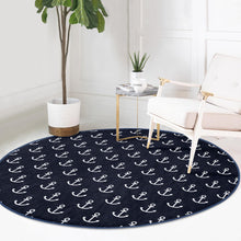 Load image into Gallery viewer, White Anchors Printed Blue Decorative Marine Washable Round Rug |
