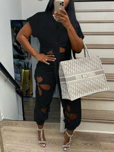Load image into Gallery viewer, Short Sleeve Tie Front Crop Top T Shirt &amp; Hollow Out Pants Set
