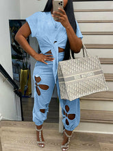 Load image into Gallery viewer, Short Sleeve Tie Front Crop Top T Shirt &amp; Hollow Out Pants Set
