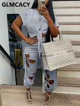 Load image into Gallery viewer, Short Sleeve Tie Front Crop Top T Shirt &amp; Hollow Out Pants Set

