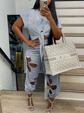 Load image into Gallery viewer, Short Sleeve Tie Front Crop Top T Shirt &amp; Hollow Out Pants Set
