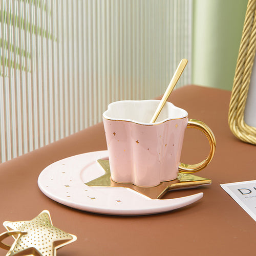 120ml Star Moon Ceramic Coffee Cup And Saucer With Spoon Golden Handle