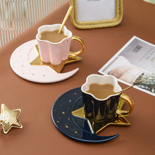 Load image into Gallery viewer, 120ml Star Moon Ceramic Coffee Cup And Saucer With Spoon Golden Handle
