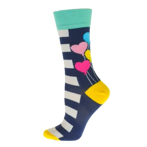 Heart Balloons and Stripes Pattern Cotton Crew Socks