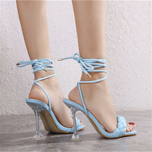 Load image into Gallery viewer, 2021 Summer Designer Women Weave Blue Clear Heels Sandals 9cm Fetish High Heels Lace Up Sandals Open Toe Prom Shoes Plus Size
