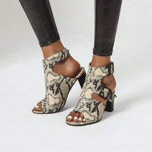 Load image into Gallery viewer, Peep Toe Snake Shape Buckle Strap Square High Heels Sandals
