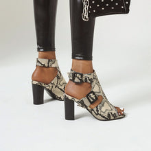 Load image into Gallery viewer, Peep Toe Snake Shape Buckle Strap Square High Heels Sandals

