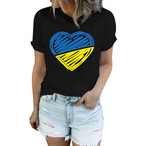 2022 Summer Women Tops Ukraine Print T Shirts Bule And Yellow Heart