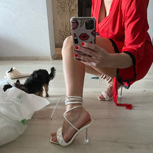 Load image into Gallery viewer, 2021 Summer Designer Women Weave Blue Clear Heels Sandals 9cm Fetish High Heels Lace Up Sandals Open Toe Prom Shoes Plus Size
