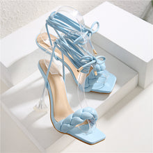 Load image into Gallery viewer, 2021 Summer Designer Women Weave Blue Clear Heels Sandals 9cm Fetish High Heels Lace Up Sandals Open Toe Prom Shoes Plus Size
