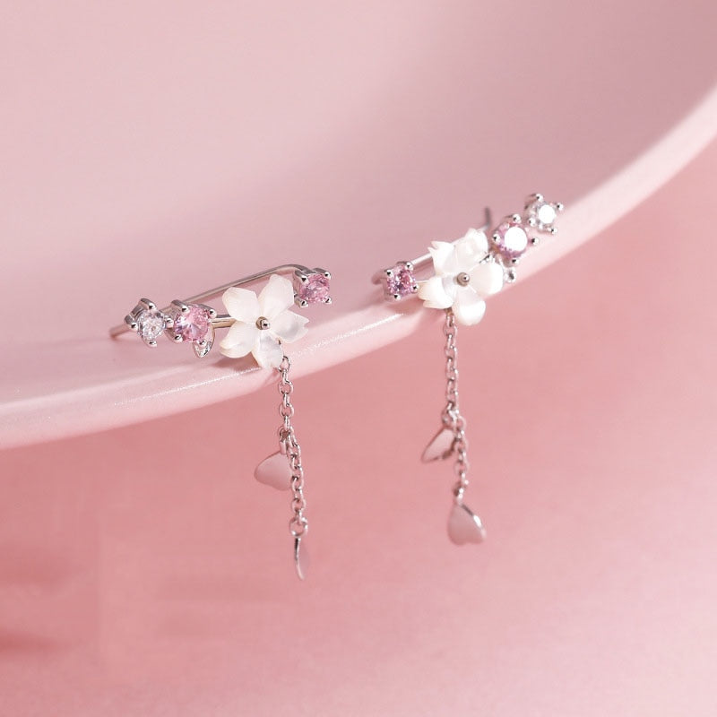 925 Sterling Silver Romantic Pink Cherry Blossom Shell Tassel Earrings