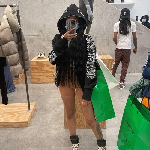 ANJAMANOR Letter Printed Zip Up Hoodie Streetwear Women Cyber Y2k