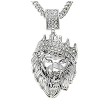 Load image into Gallery viewer, Pave King of the Jungle Lion Crown Pendant Medallion Necklace in 18K
