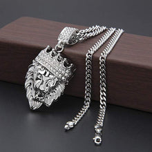 Load image into Gallery viewer, Pave King of the Jungle Lion Crown Pendant Medallion Necklace in 18K
