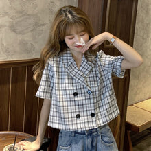 Load image into Gallery viewer, Blouses Shirts Women Plaid Crop Top Vintage Korean Style Sweet Notched
