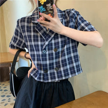 Load image into Gallery viewer, Blouses Shirts Women Plaid Crop Top Vintage Korean Style Sweet Notched
