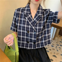 Load image into Gallery viewer, Blouses Shirts Women Plaid Crop Top Vintage Korean Style Sweet Notched
