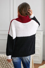 Load image into Gallery viewer, Cowl Neck Black Red Colorblock Cable Knit Sweater
