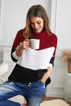 Load image into Gallery viewer, Cowl Neck Black Red Colorblock Cable Knit Sweater
