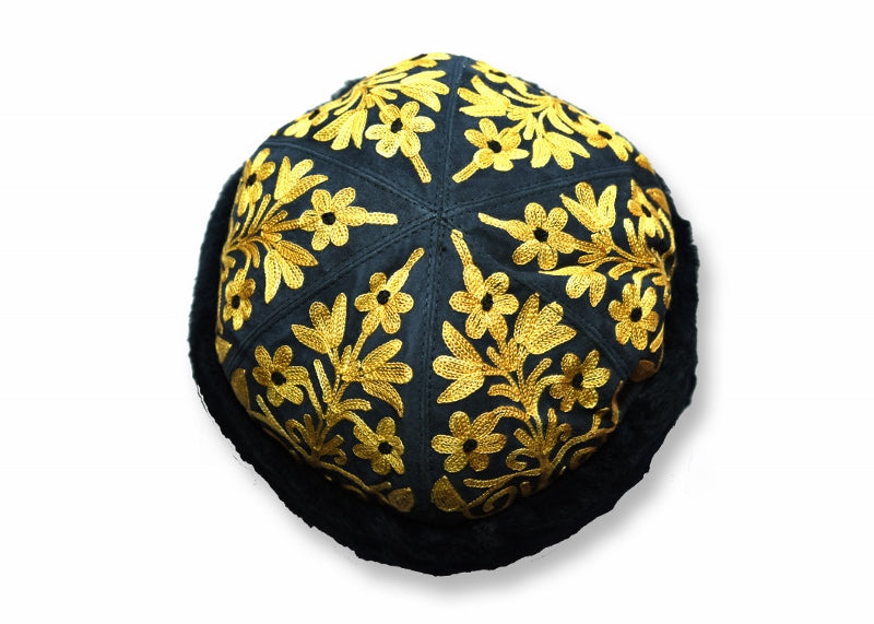 Handmade Black and Mustard Suede Embroidered Hat
