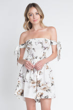 Load image into Gallery viewer, Women's Off Shoulder Smocked Floral Tie Romper
