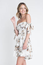 Load image into Gallery viewer, Women's Off Shoulder Smocked Floral Tie Romper
