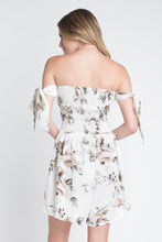 Load image into Gallery viewer, Women's Off Shoulder Smocked Floral Tie Romper
