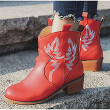Load image into Gallery viewer, Women Ankle Boots Chunky Heels Embroidered Slip On Wedges Short Plush

